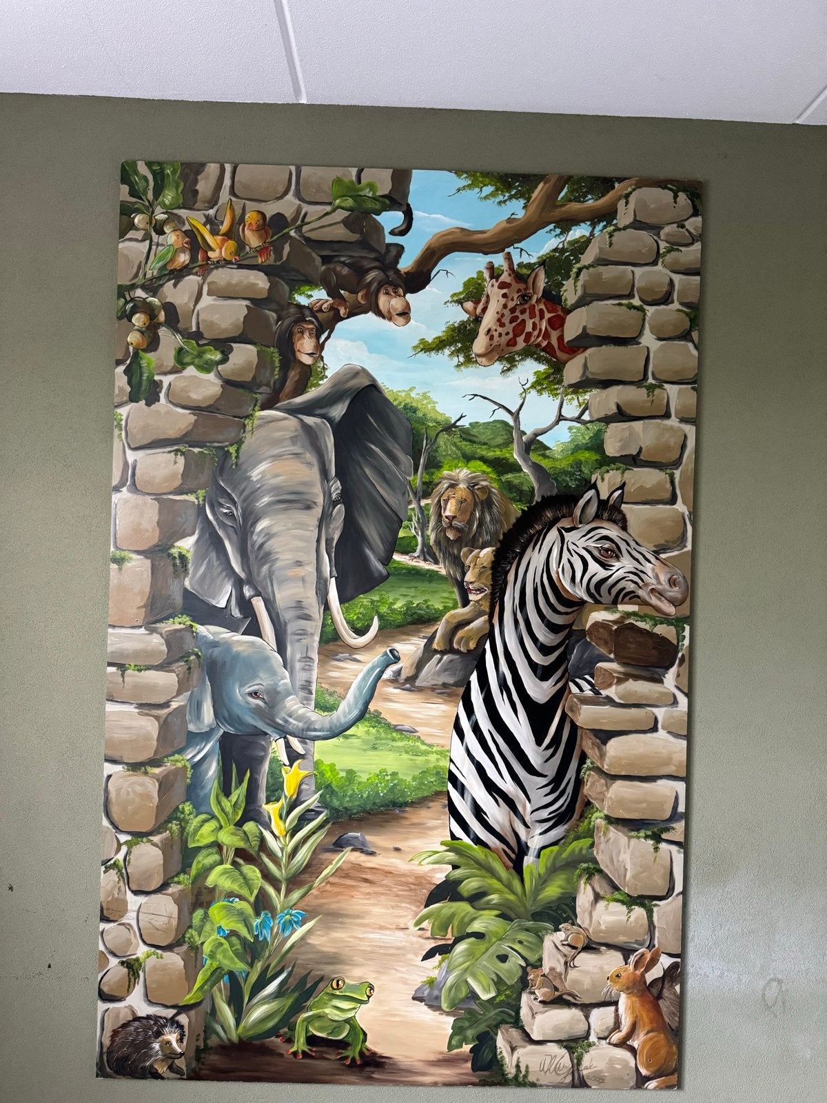 Groot handgeschilderd houten wandpaneel jungle dieren, Ophalen, 125 cm of meer, Zo goed als nieuw, Schilderij