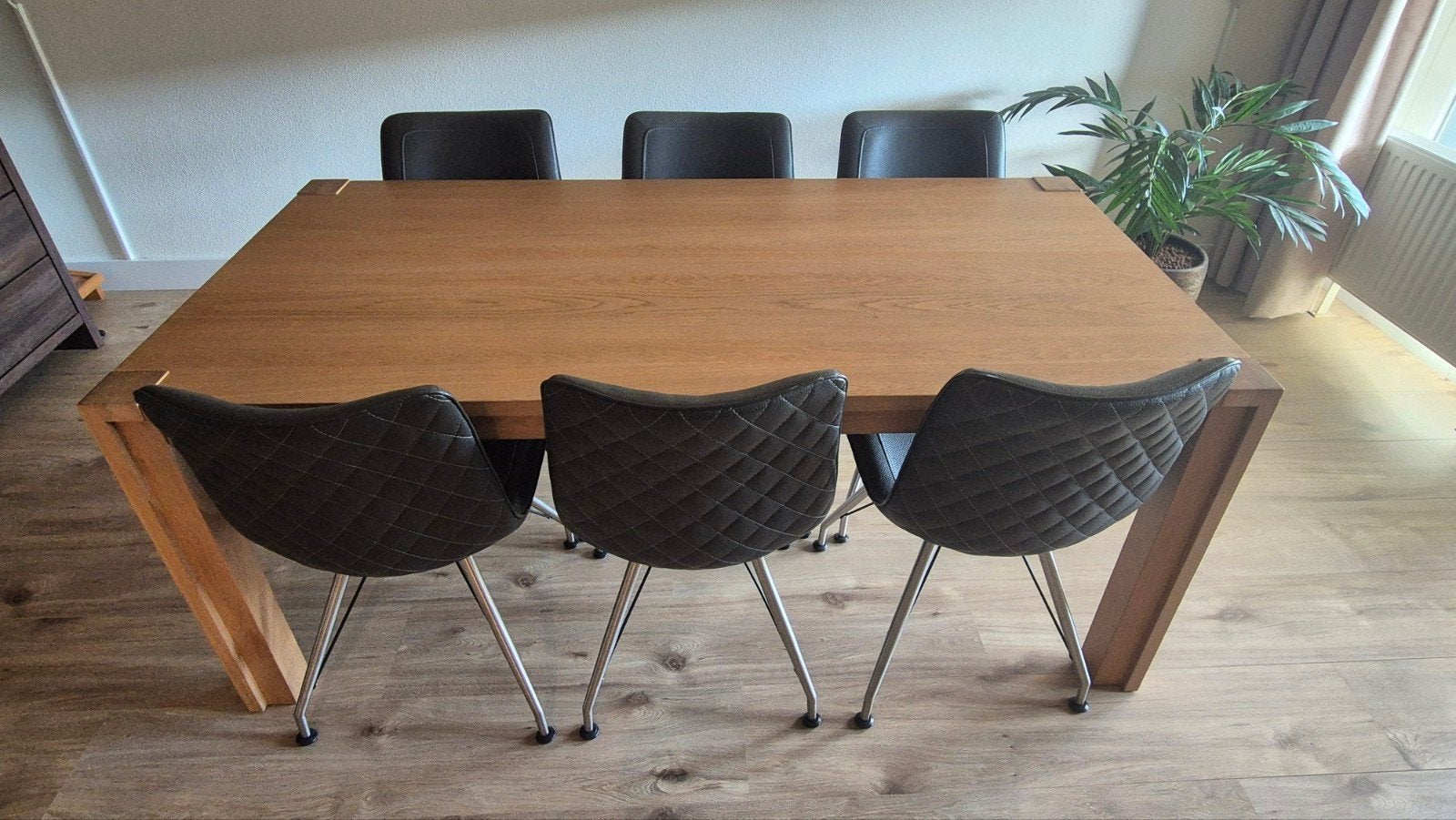 Eetkamertafel + 6 eetkamerstoelen, Ophalen, Gebruikt, Eikenhout, 50 tot 100 cm