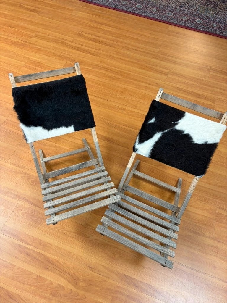 2 stuks Handige vouwstoeltjes met koeienhuid bewerkt, Gebruikt, Djt@dejuistetoon.eu, Ophalen of Verzenden, Mon Plaisir 19, Etten-Leur, Netherlands