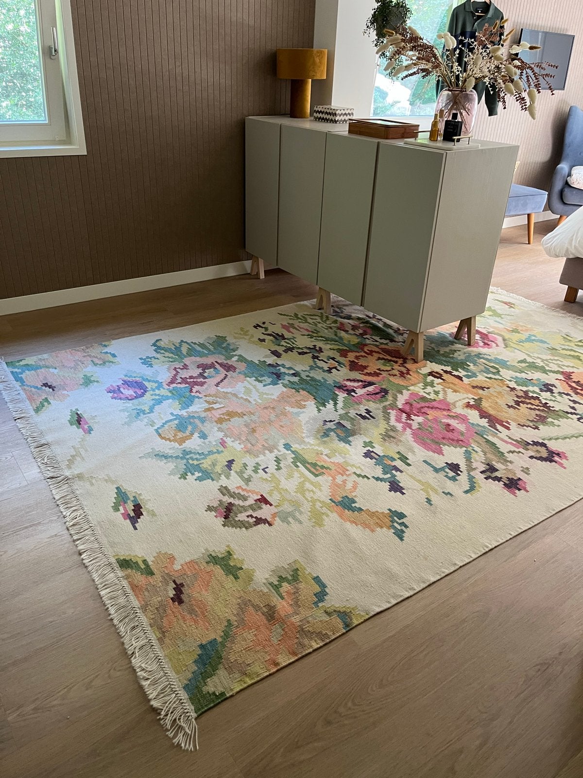 Rozenkelim vloerkleed - Wol, Gebruikt, Ophalen of Verzenden, 200 cm of meer, Roze