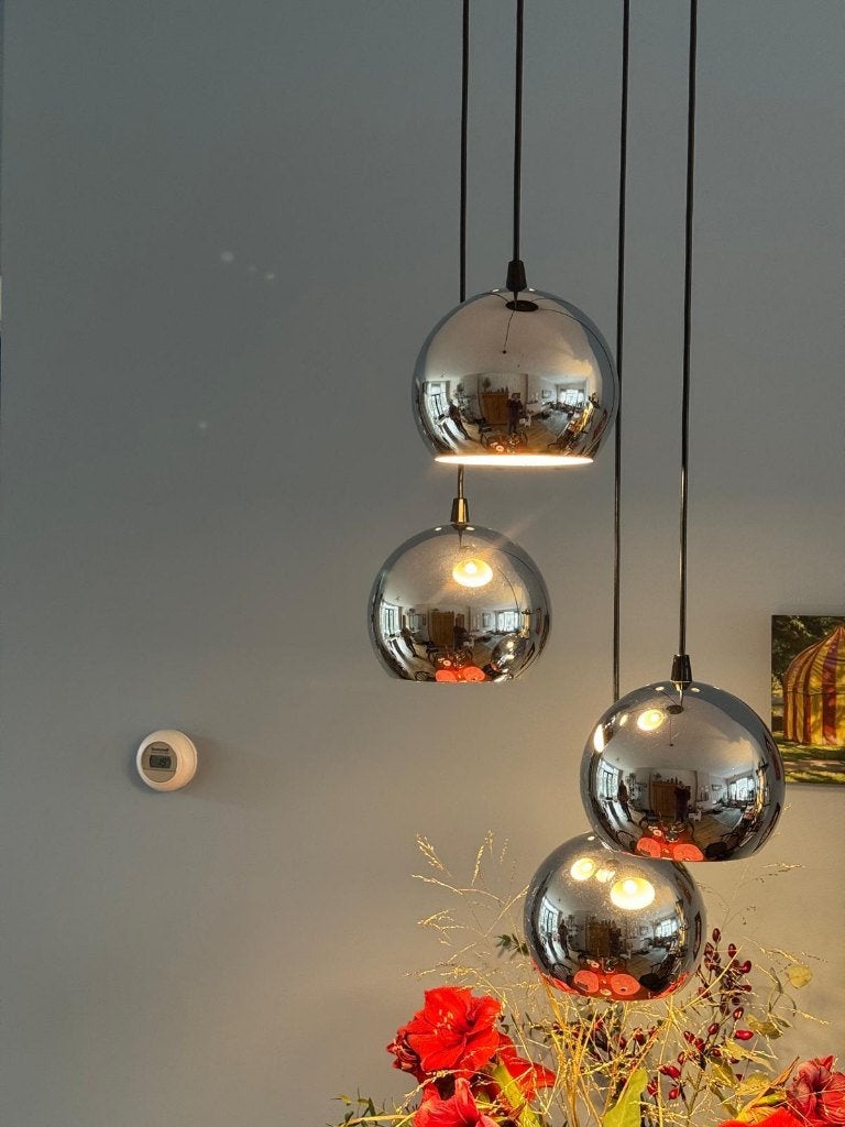 Jaren 60 hanglamp met 4 chroombollen, Huis en Inrichting, Ophalen, Gebruikt, Vintage, Metaal
