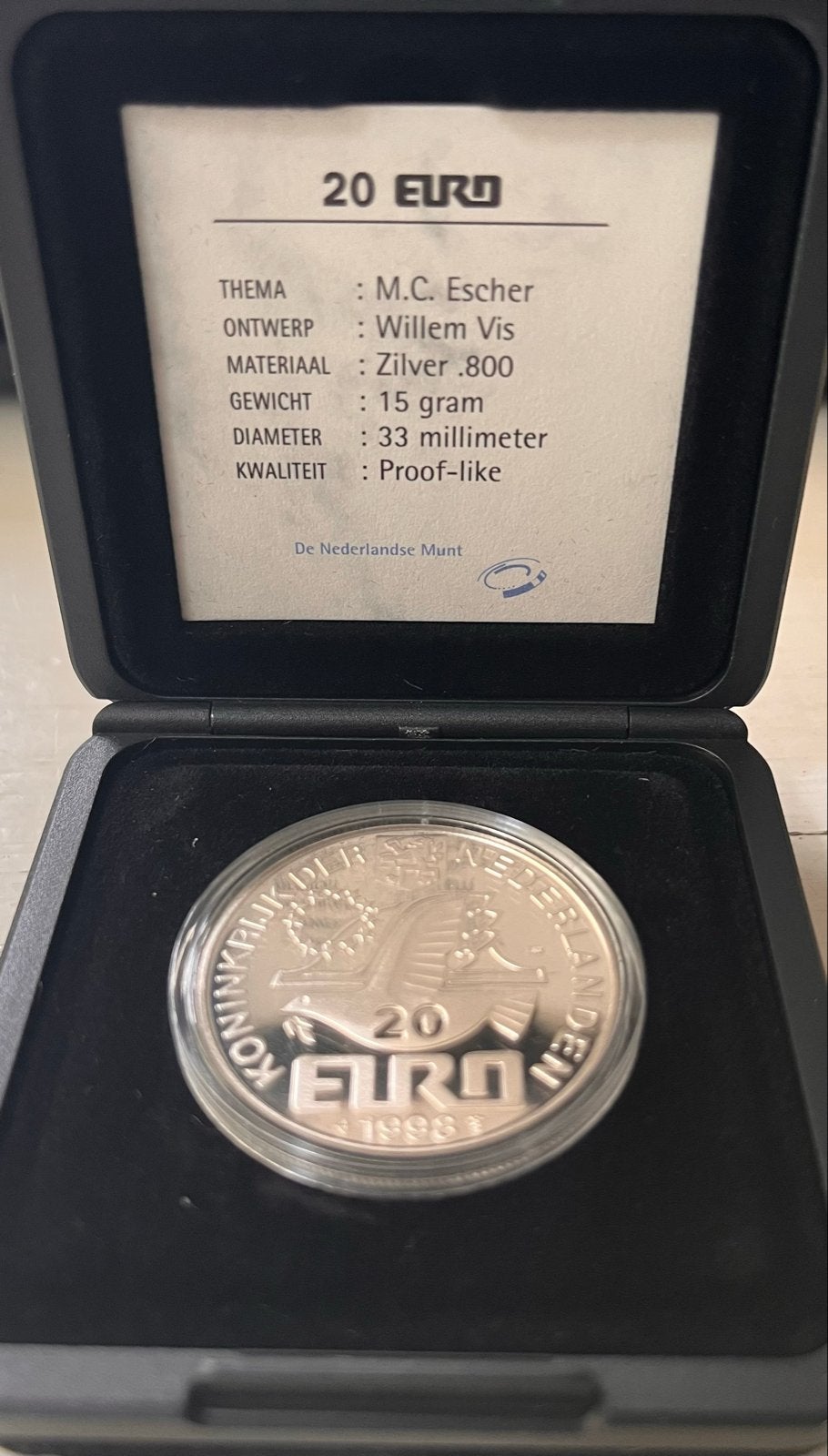 Zilveren 20 Euro M.C. Escher munt - De Nederlandse Munt, Postzegels en Munten, Munten | Nederland, Verzenden, Koningin Beatrix