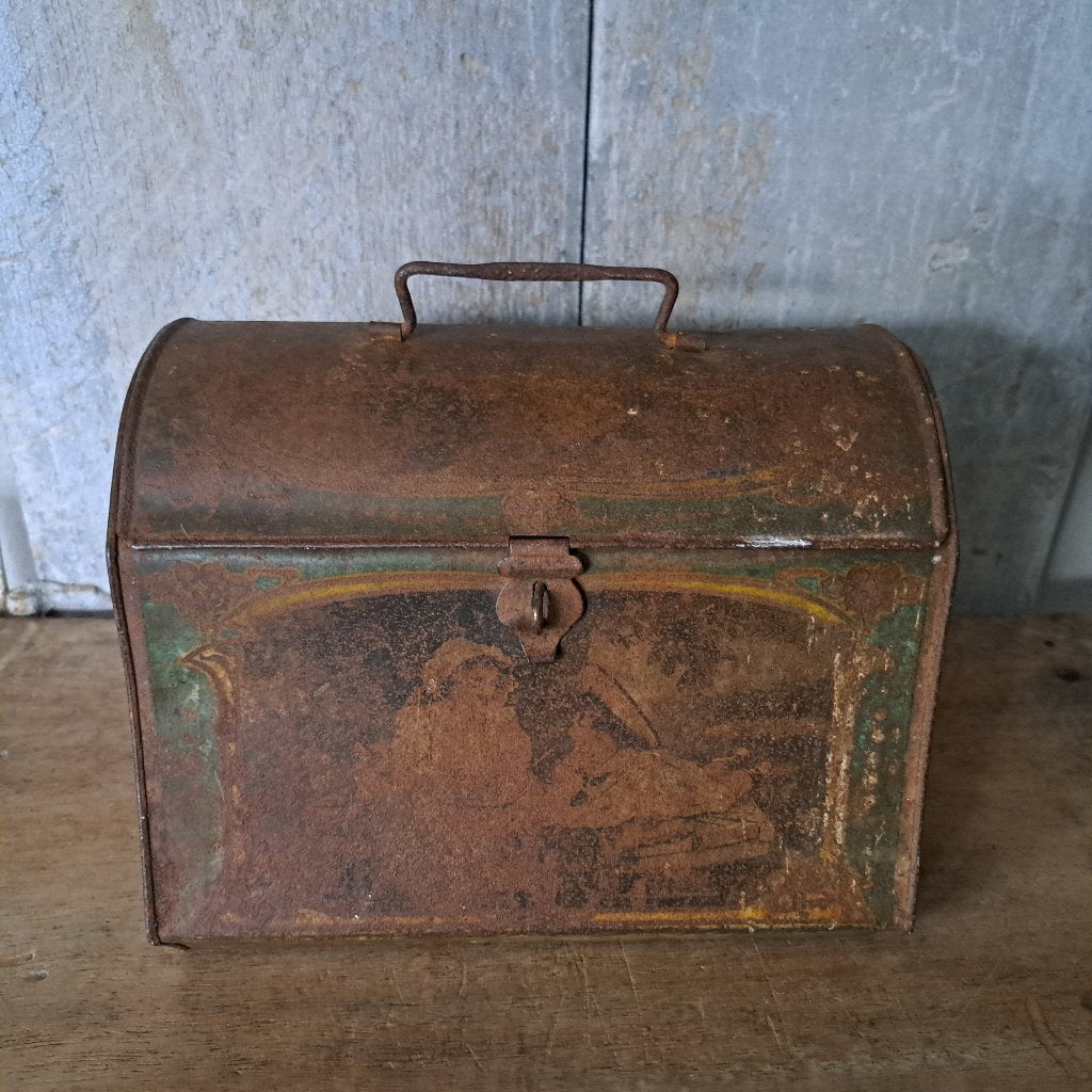 Brocante oud blikken trommeltje kistje afbeeldingen *Etage3*, Gebruikt, ., Ophalen of Verzenden, .