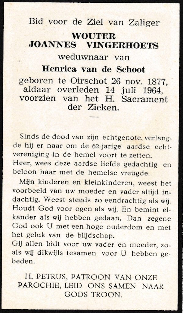 Vingerhoets Wouter 1877 Oirschot 1964, Ophalen of Verzenden, Bidprentje