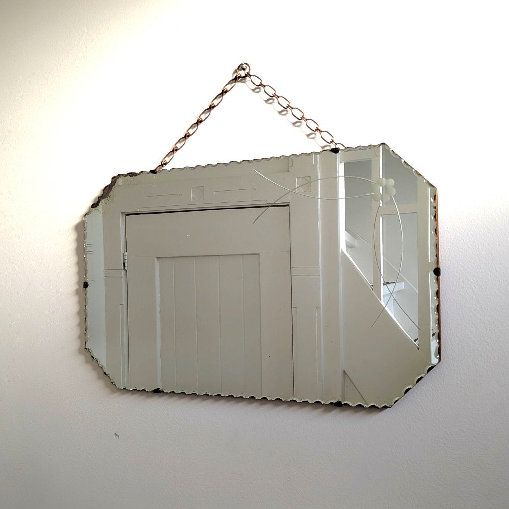 Vintage Art deco spiegel. Gekartelde rand en bloemmotief, Ophalen, Rechthoekig, 50 tot 100 cm, Minder dan 100 cm