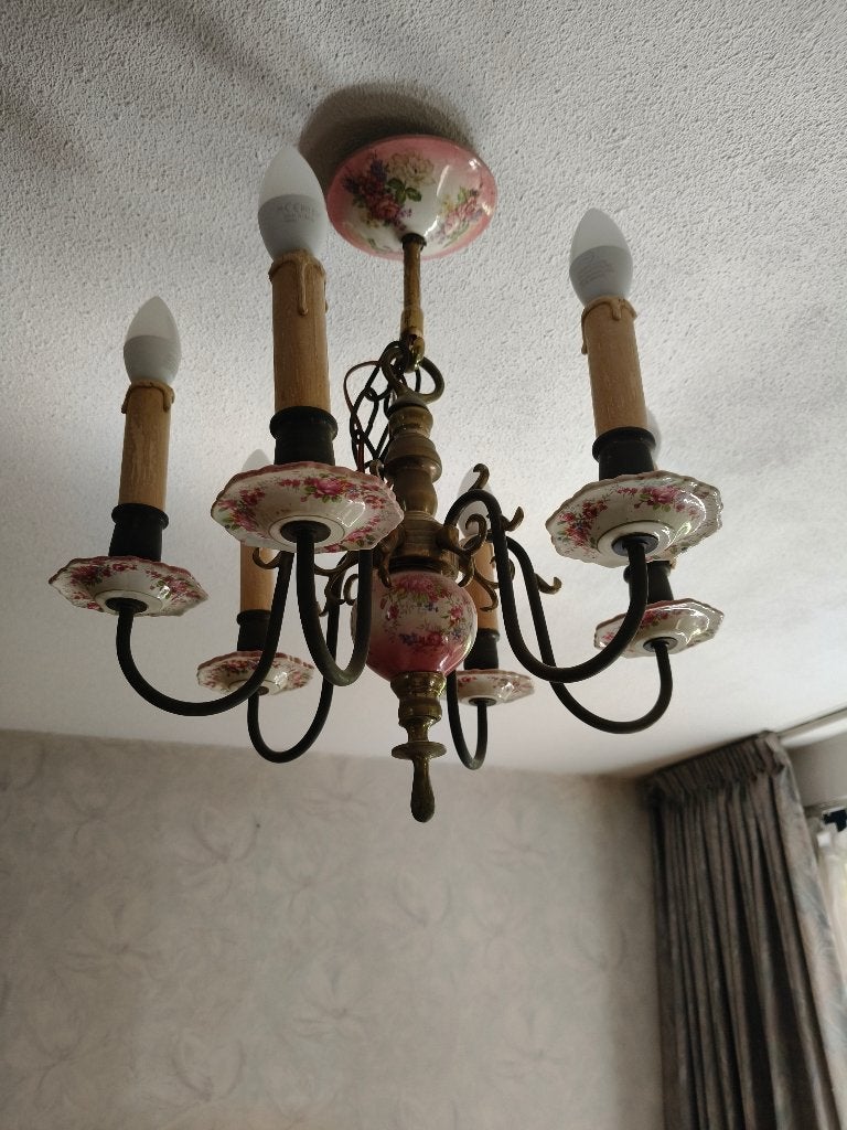 Vintage Kroonluchter met Bloemmotief - 6-lichts, Ophalen, Gebruikt, Metaal, E14 (klein)