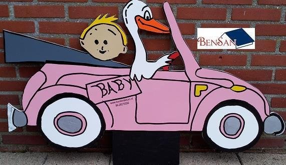 Geboorte baby ooievaar meisje rose auto  huren bensan enter, Ophalen of Verzenden, Zo goed als nieuw, Geboorte of Huwelijk