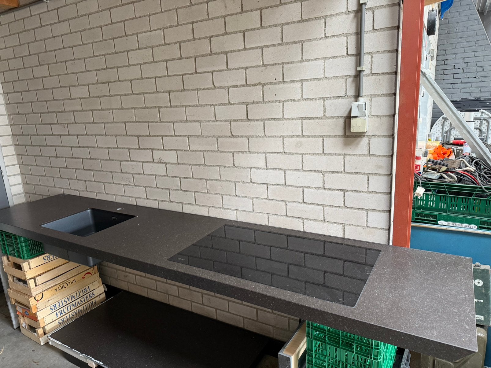 Hardstenen keukenblad met inductie kookplaat 90 cm+spoelbak, Ophalen of Verzenden, Zo goed als nieuw