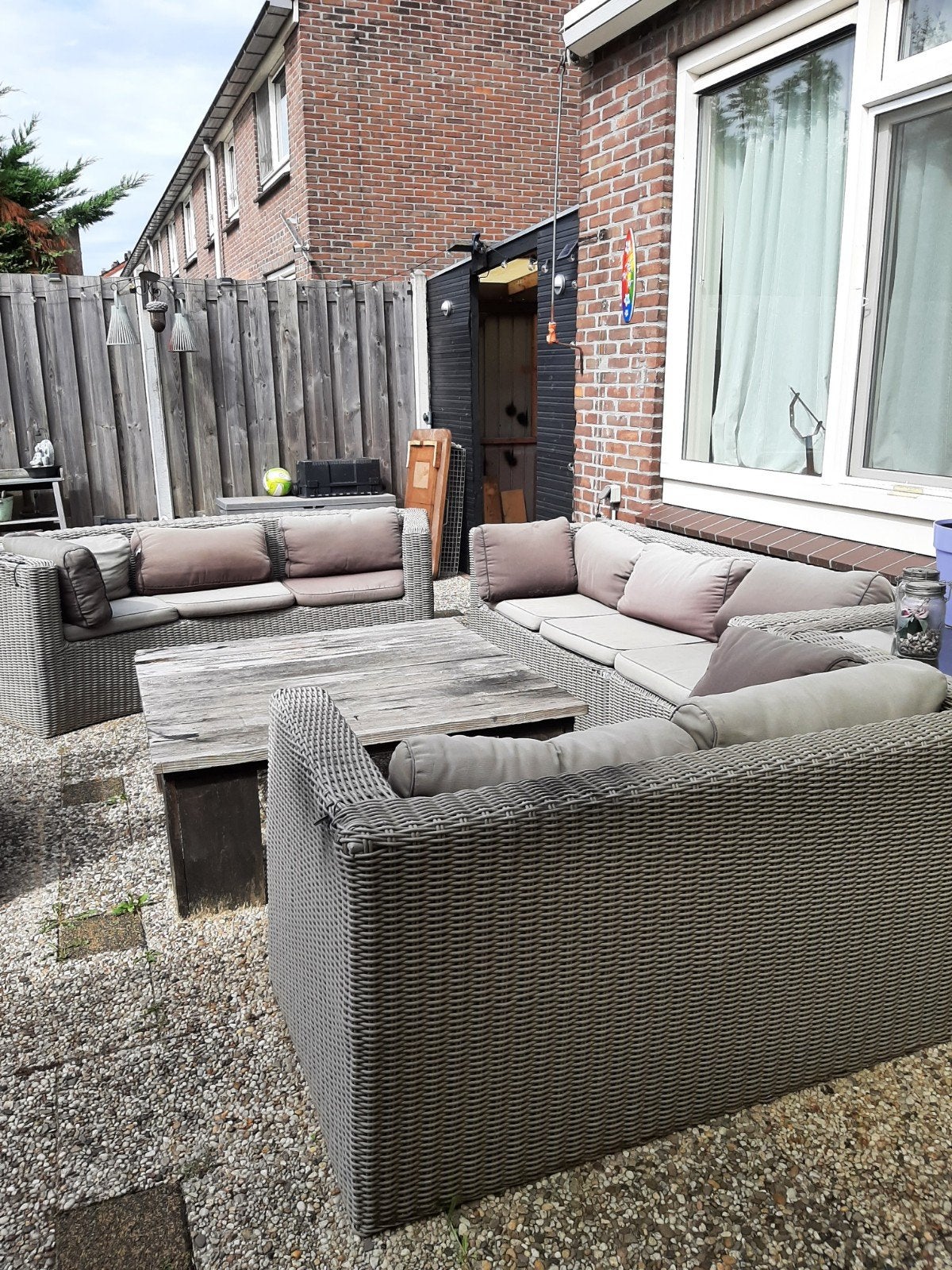 Complete Wicker Loungeset met Houten Salontafel 9 persoonsl, Tuin en Terras, Ophalen, Gebruikt, Meer dan 8 zitplaatsen, Bank