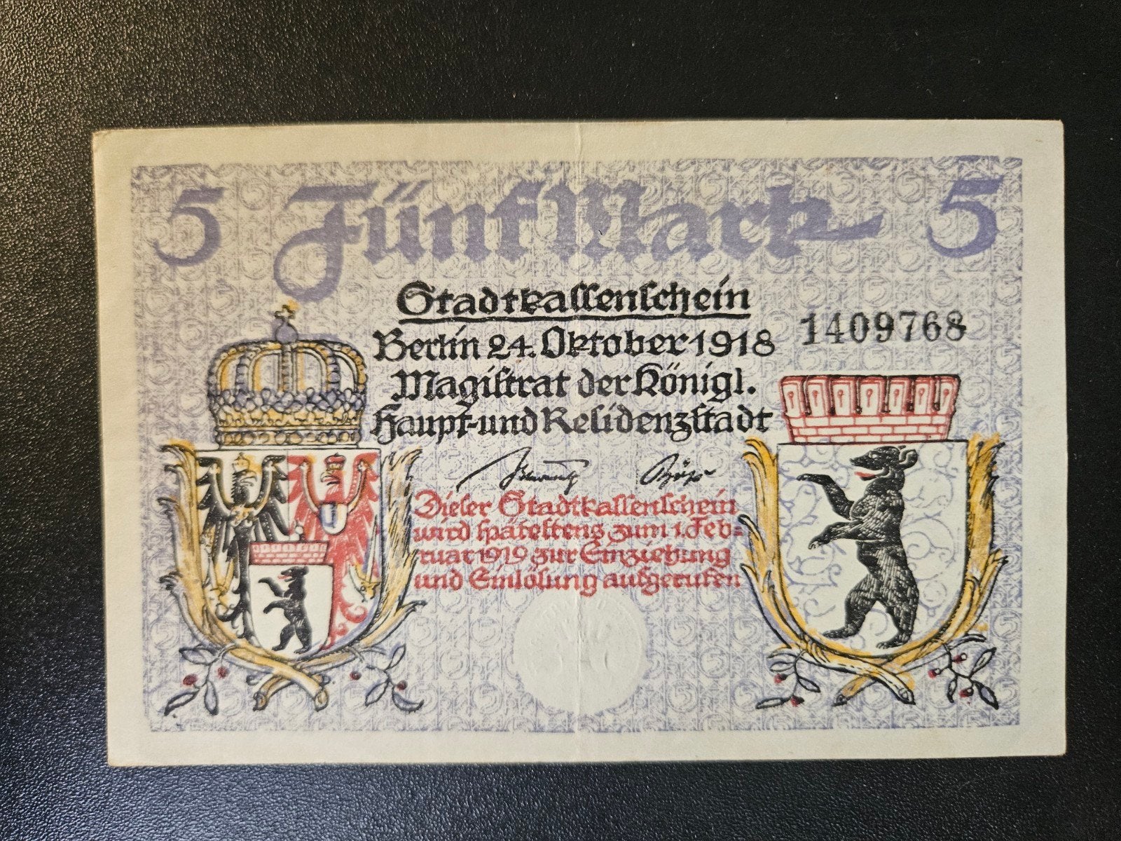 Duitsland Berlin Brandenburg 1918 zf+ 5 Mark, Ophalen of Verzenden, Duitsland, Los biljet