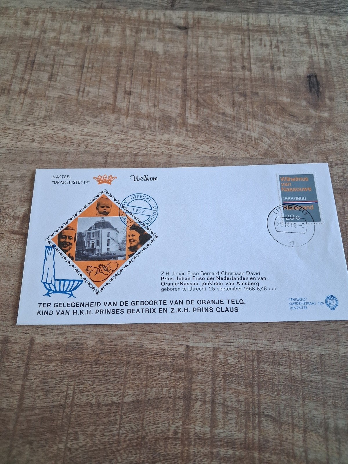 Eerste Dag Envelop Prins Friso Geboorte 1968 l Drakenst, Ophalen of Verzenden, Zo goed als nieuw, Nederland, Kaart, Foto of Prent