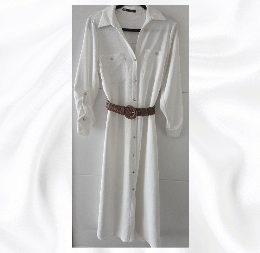 Zara Witte Blousejurk met Gouden Knopen en Riem, Maat 38/40 (M), Nieuw, Ophalen of Verzenden, Onder de knie