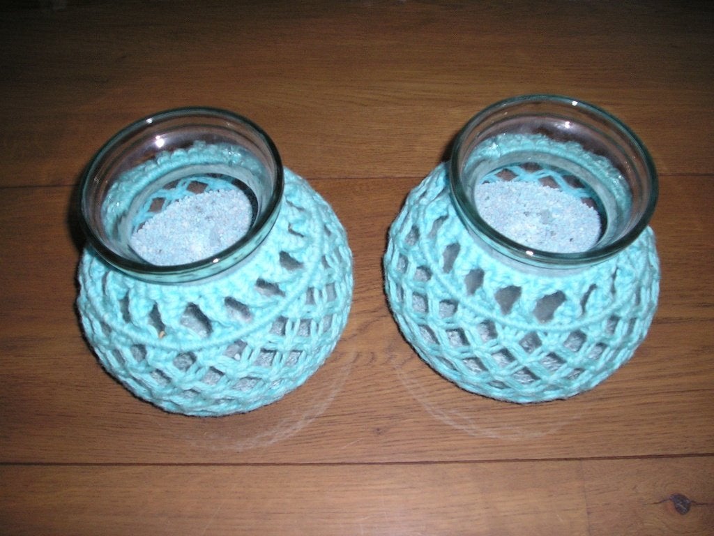 2 grote glazen potten omgehaakt voor kaarsen / theelichtjes, Ophalen, Waxinelichthouder, Groen, Glas