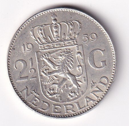 2 1/2 Gulden 1959 met tikje in de rand, Postzegels en Munten, Munten | Nederland, Koningin Juliana, Verzenden, Zilver, Losse munt
