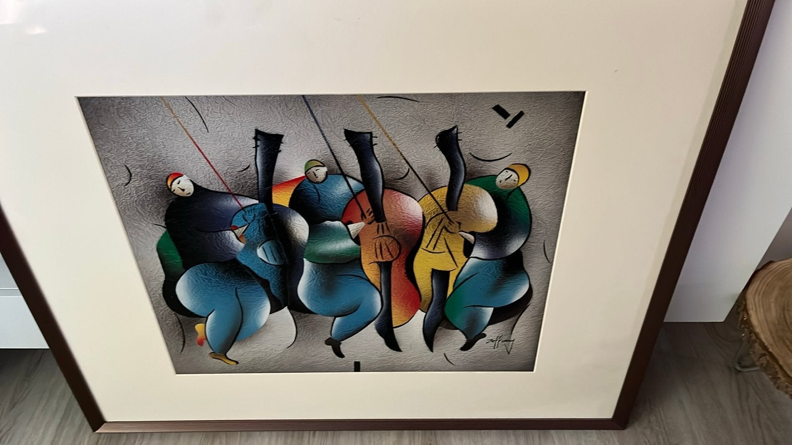 Modern Schilderij: Muzikanten met Contrabassen - Ingelijst, Antiek en Kunst, Ophalen of Verzenden, Ingelijst, Overige materialen