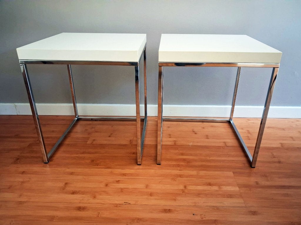 2 design tafels - chroom met wit tafelblad, Minder dan 55 cm, Gebruikt, Design, Vierkant