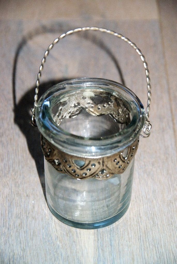 Te koop Houder van glas waxinelicht zilverkleur rand hengsel, Huis en Inrichting, Ophalen of Verzenden, Zo goed als nieuw, Glas