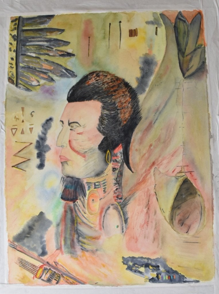 Aquarel van Indiaan met veren hoofdtooi, 56 x 76 cm, Antiek en Kunst, Ophalen, Portret of Personen, Expressionistisch, Aquarel