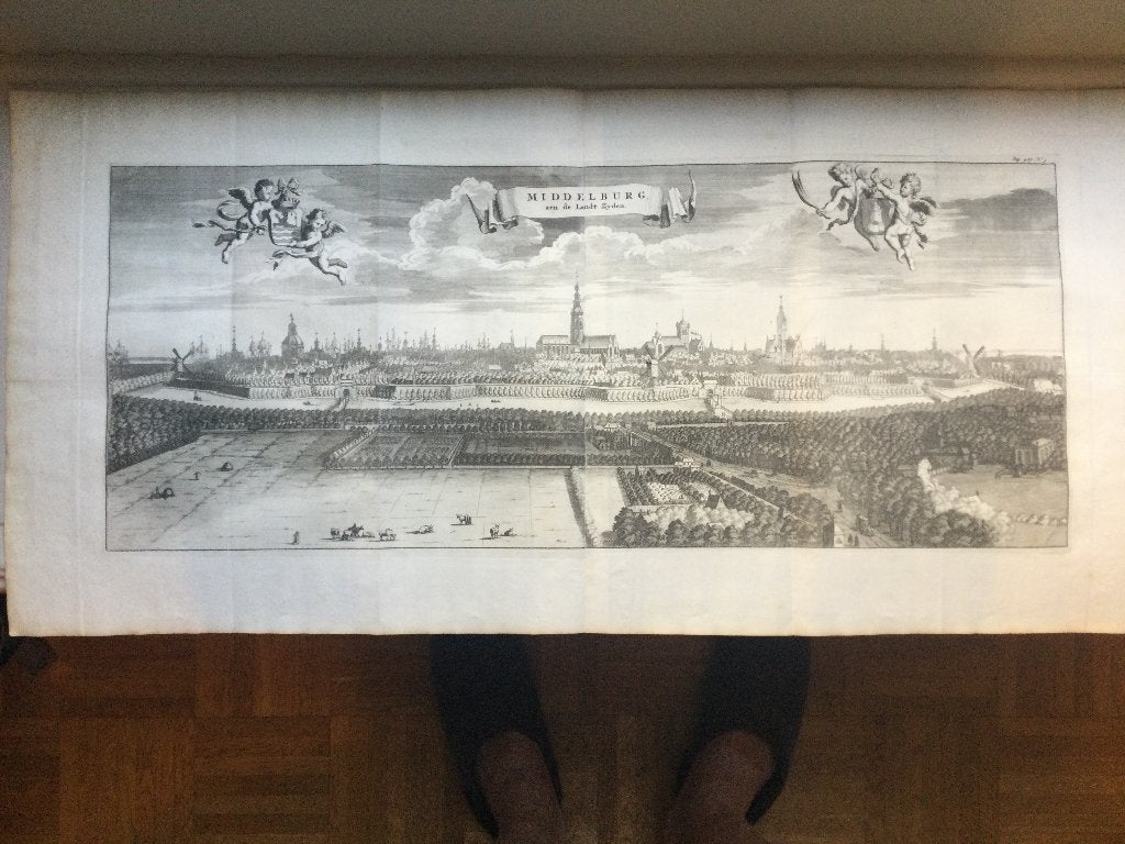 Middelburg landzijde, groot formaat, 1696, Antiek en Kunst, Stadsgezicht, Origineel, 1600 - 1699, 38 cm