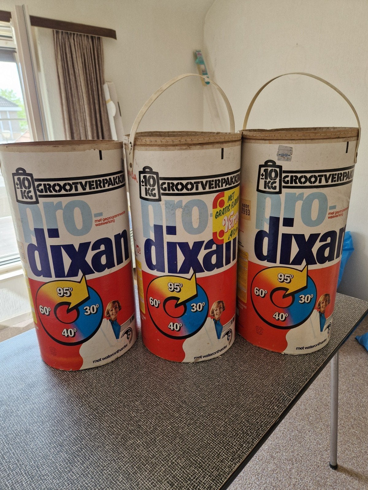 3 vintage Prodixan wasmiddel tonnen, 2 met deksel, Ophalen, Gebruikt
