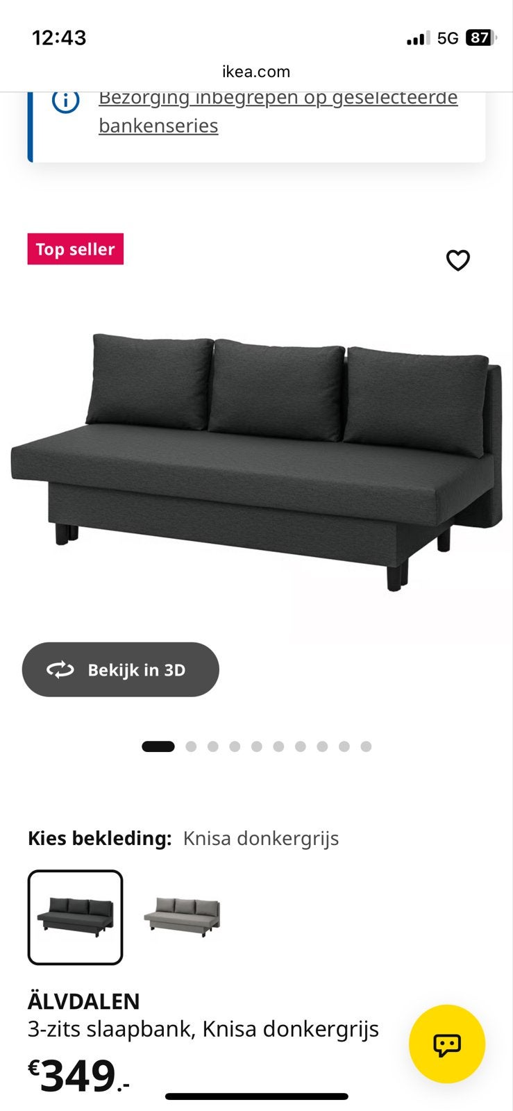 IKEA ÄLVDALEN 3-zits slaapbank, Knisa donkergrijs, Huis en Inrichting, Ophalen, Gebruikt, Tweepersoons, 140 cm