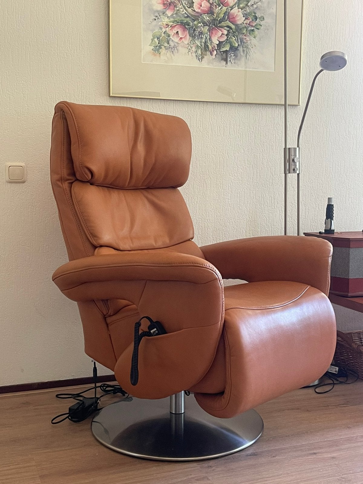 Luxe lederen relaxfauteil op RVS schotelvoet, Ophalen, Minder dan 75 cm, Leer, Zo goed als nieuw