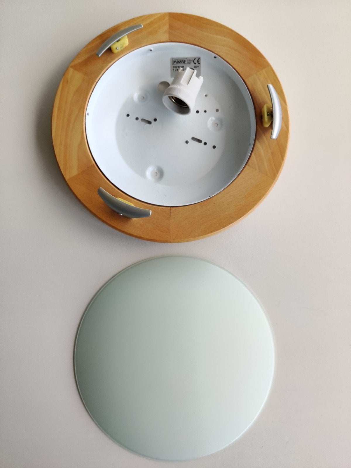 Massive Plafondlamp Hout/Glas D=30cm, Gebruikt, Bruin, Plafondlamp, Glas