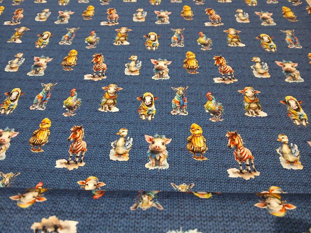 Outlet : jersey stof digitaal boerderijdieren, Stenzo, Blauw, 120 cm of meer, Ophalen of Verzenden, Katoen