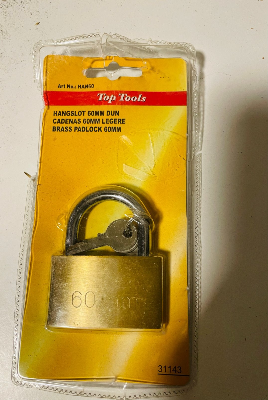 Top Tools Messing Hangslot 60mm met Sleutel, Ophalen of Verzenden, Nieuw, Koper of Messing, Slot