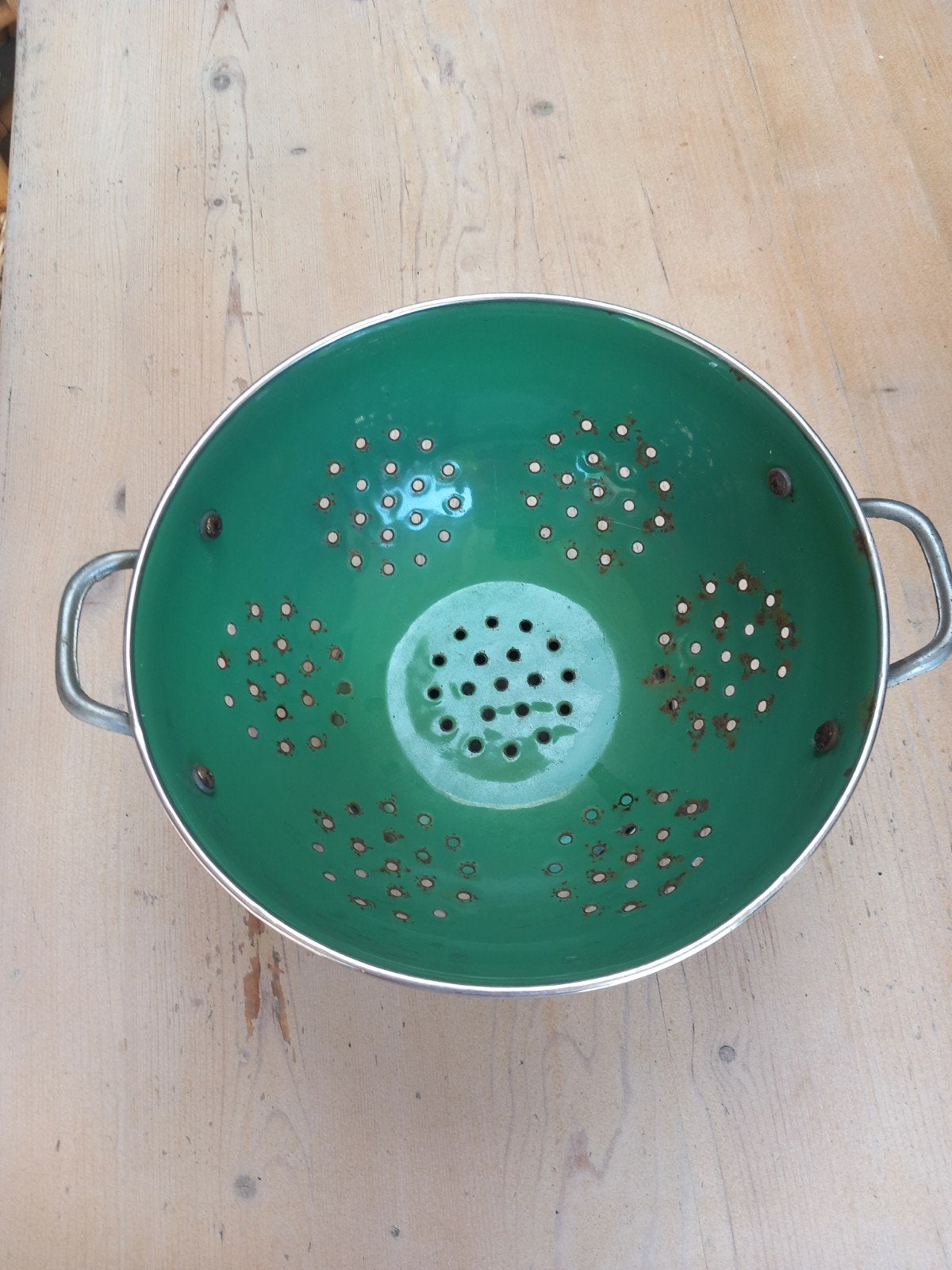Oude emaille vergiet - Groen vintage keukengerei, Ophalen of Verzenden