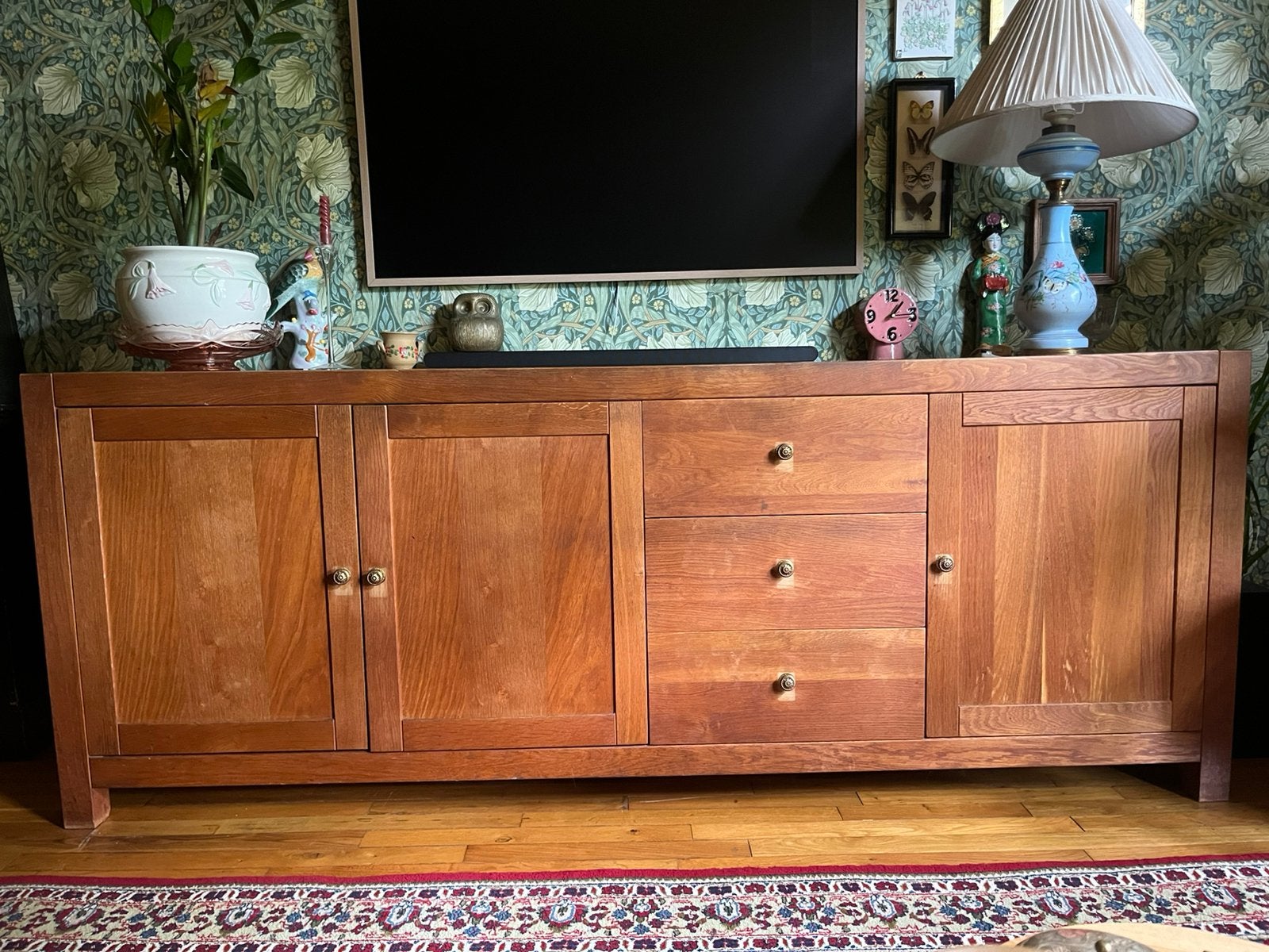 Modern klassiek dressoir massief (teak)hout 220 cm, Gebruikt, Met deur(en), Ophalen of Verzenden, 200 cm of meer