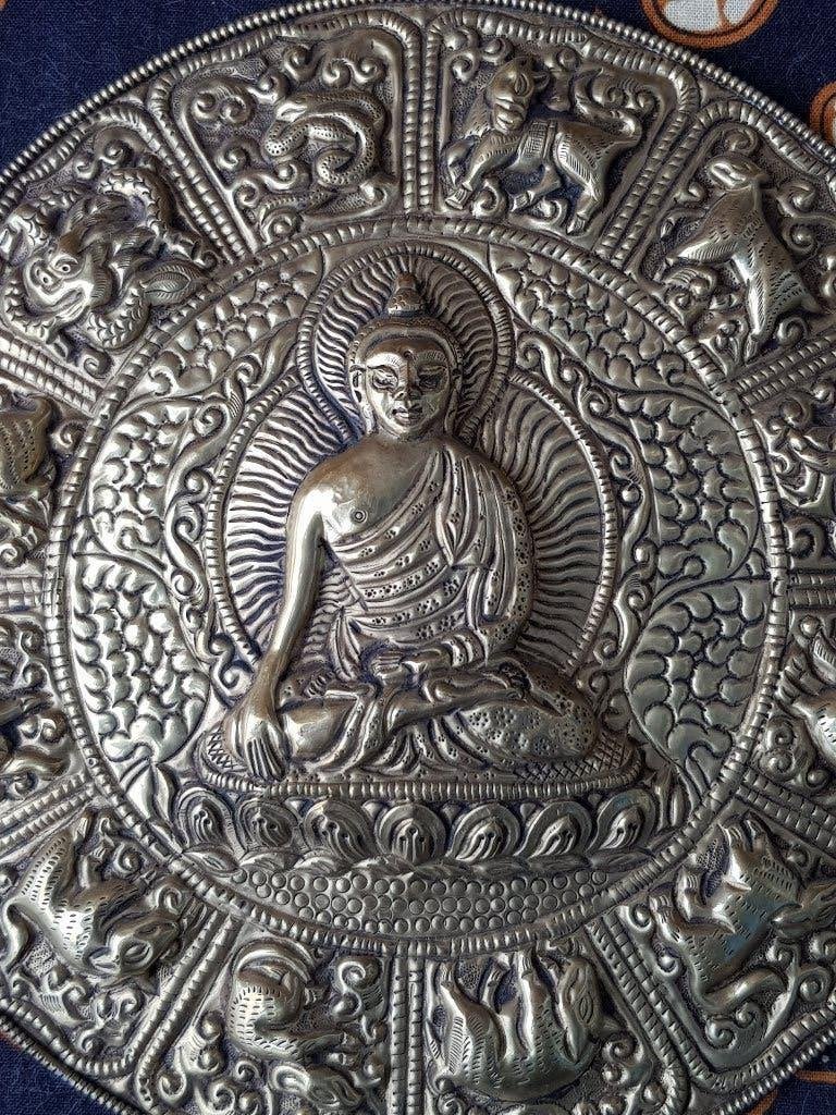 Mooie oude Mandala uit Nepal met dierenriem en Boeddha., Ophalen of Verzenden, Ritueel object, Handgemaakt