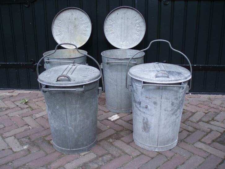 Zinken vuilnisemmers / vuilnisbakken / prullenbakken te koop, Ophalen, Gebruikt, Handelsondernemingdeeekhoorn@hotmail.com, De Eekhoorn