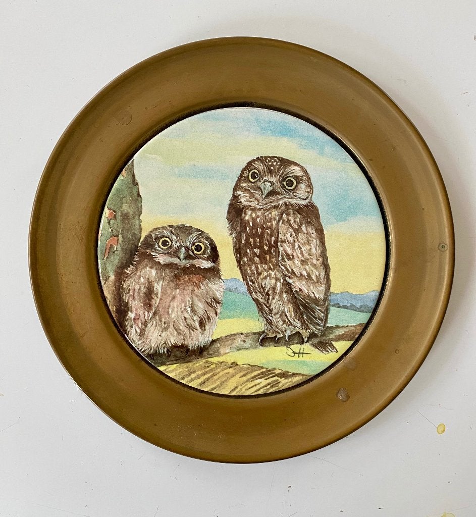 Mooi rond wandbord keramiek/messing  uiltjes, Ophalen of Verzenden