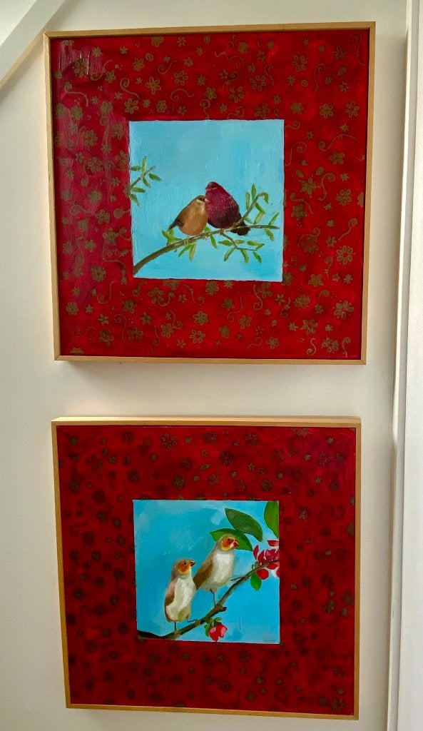 Twee olieverfschilderijen met vogeltjes, Acrylverf, Overige stijlen, Doek, Dieren