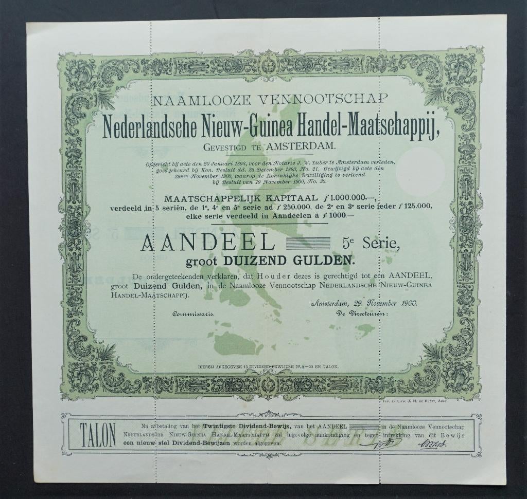 Nederlandsche Nieuw-Guinea Handel Mij. (Ned.Indie) 1900, Postzegels en Munten, Verzenden, Voor 1920, Aandeel