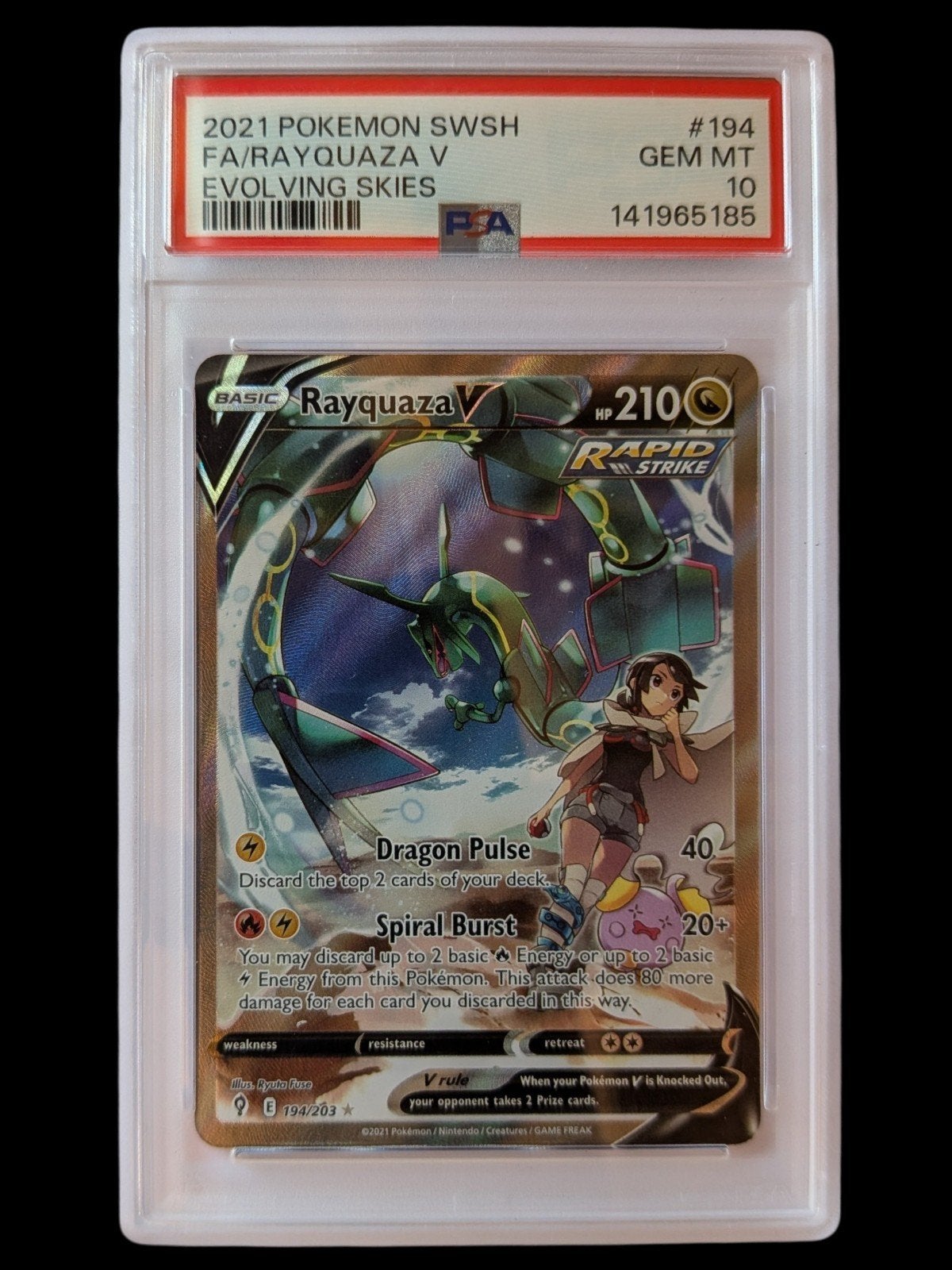 Pokémon Rayquaza V (FA) Evolving Skies PSA 10 GEM MT, Hobby en Vrije tijd, Ophalen of Verzenden, Zo goed als nieuw, Losse kaart