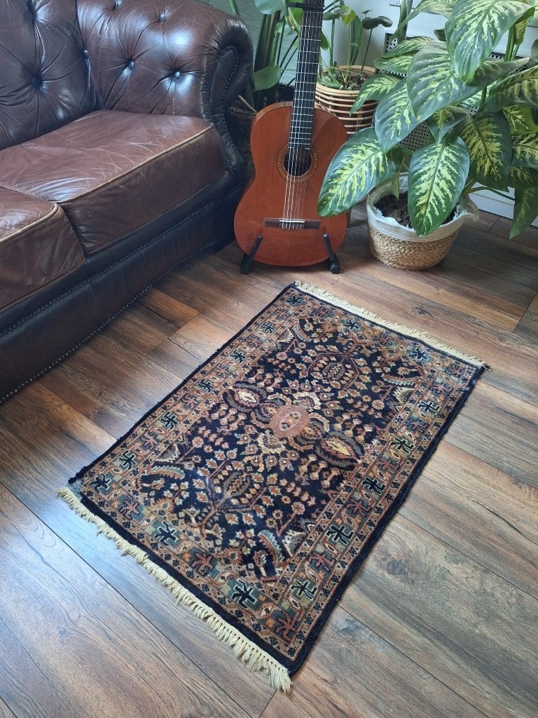 Vintage  wollen tapijt * 98x64 cm * Blauw/Oud Roze, Gebruikt, 50 tot 100 cm, Blauw, Vintage Oosters Klassiek Perzisch