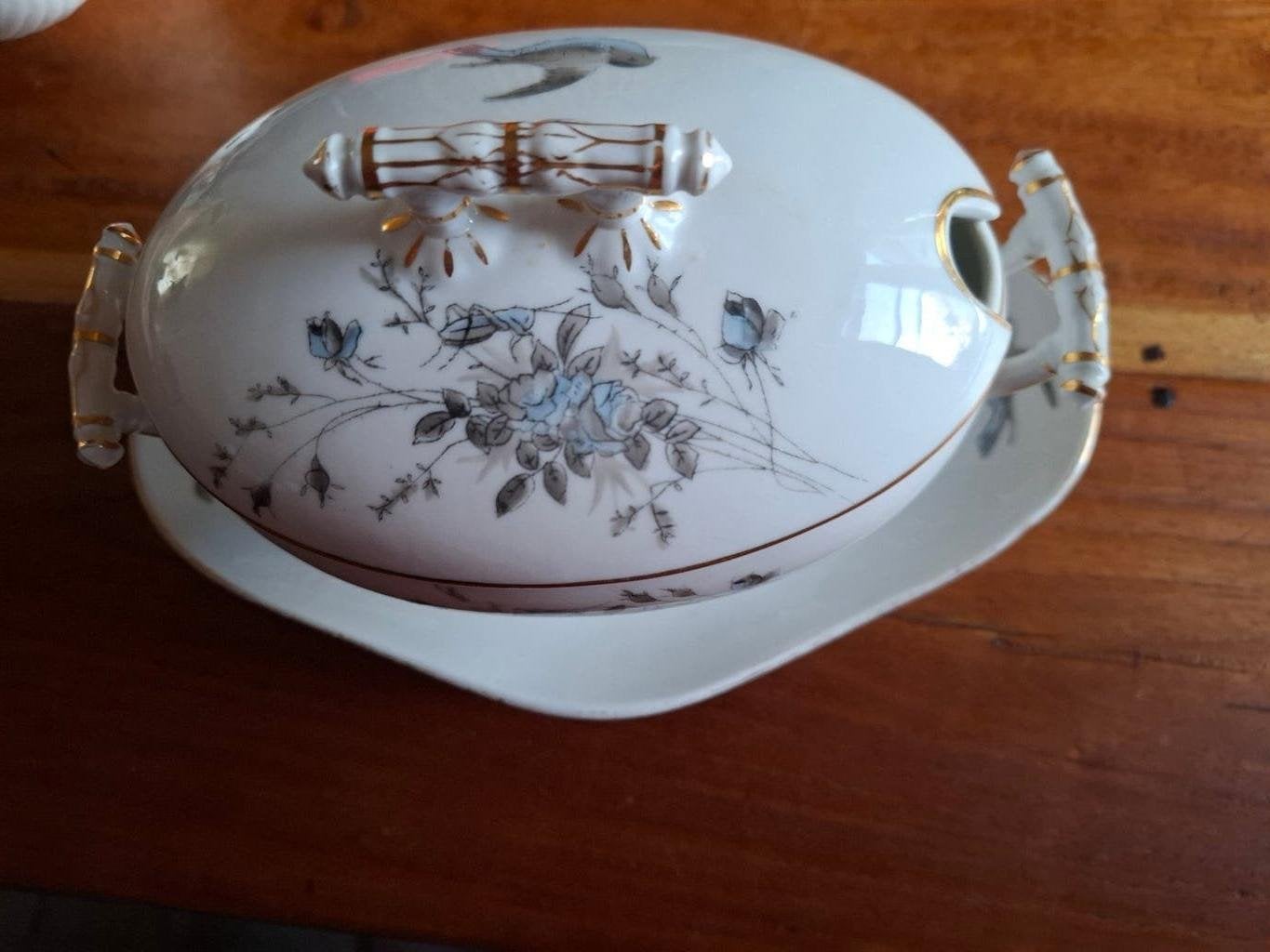 Antieke sauskom met deksel en schotel - decoratief, Antiek en Kunst, Ophalen of Verzenden