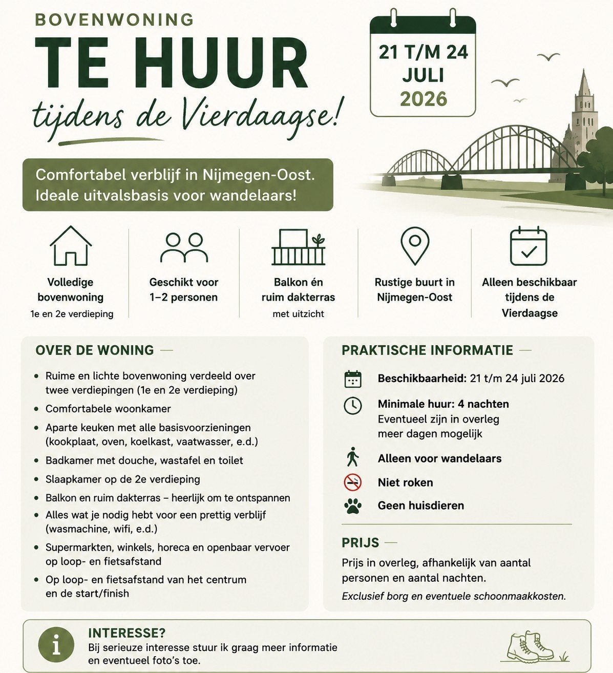 Bovenwoning te huur tijdens de Vierdaagse – Nijmegen-Oost, Ophalen