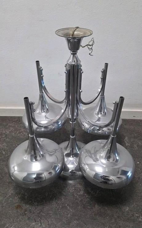 Vintage Space Age hanglamp 5-licht chroom  Gaetano Sciolari, Gebruikt, 50 tot 75 cm, Ophalen of Verzenden, Vintage Retro Space age