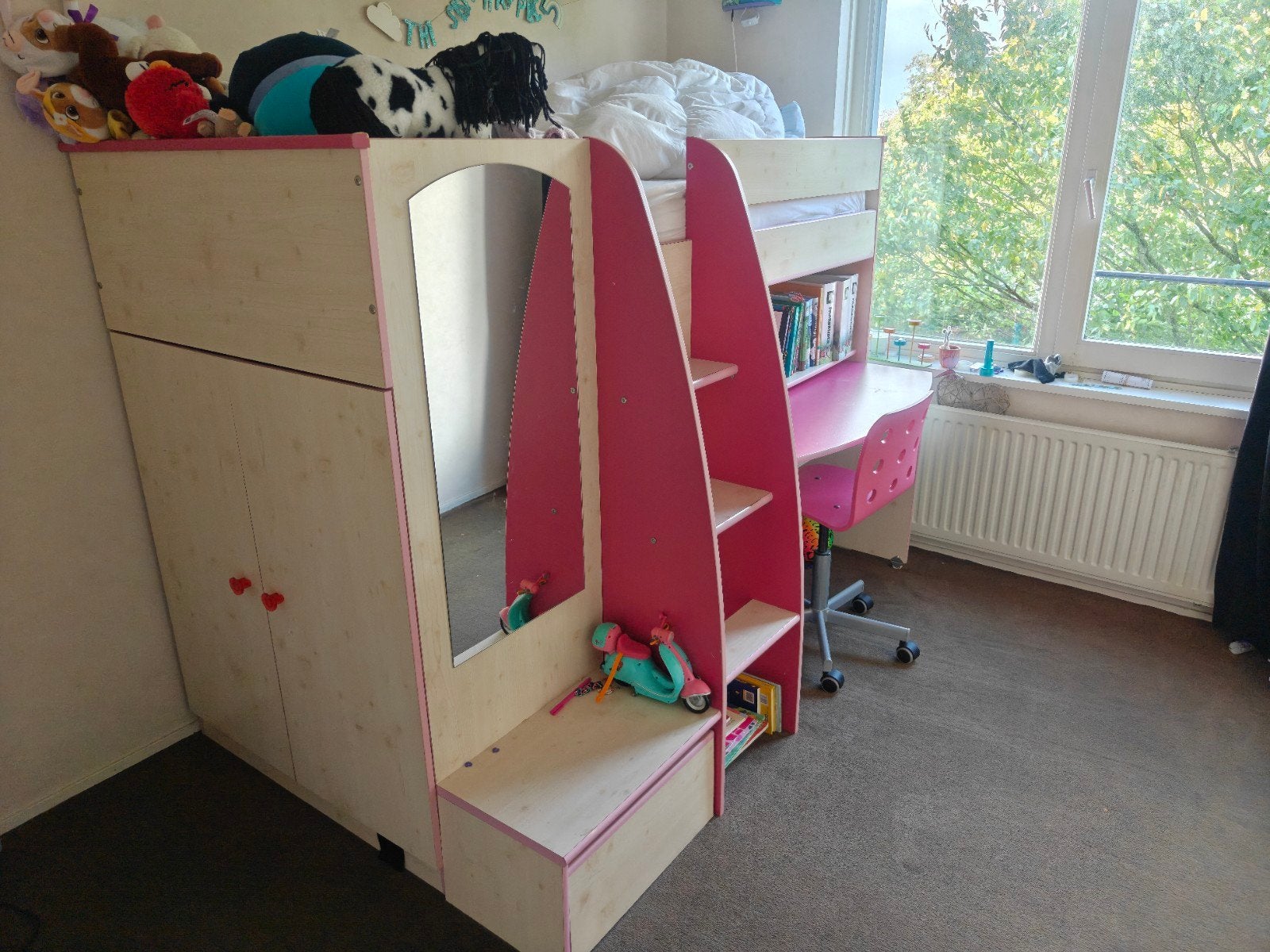 Halfhoogslaper met bureau, kast en spiegel en stoel - Roze/H, Ophalen, Gebruikt, 90 cm, Eenpersoons