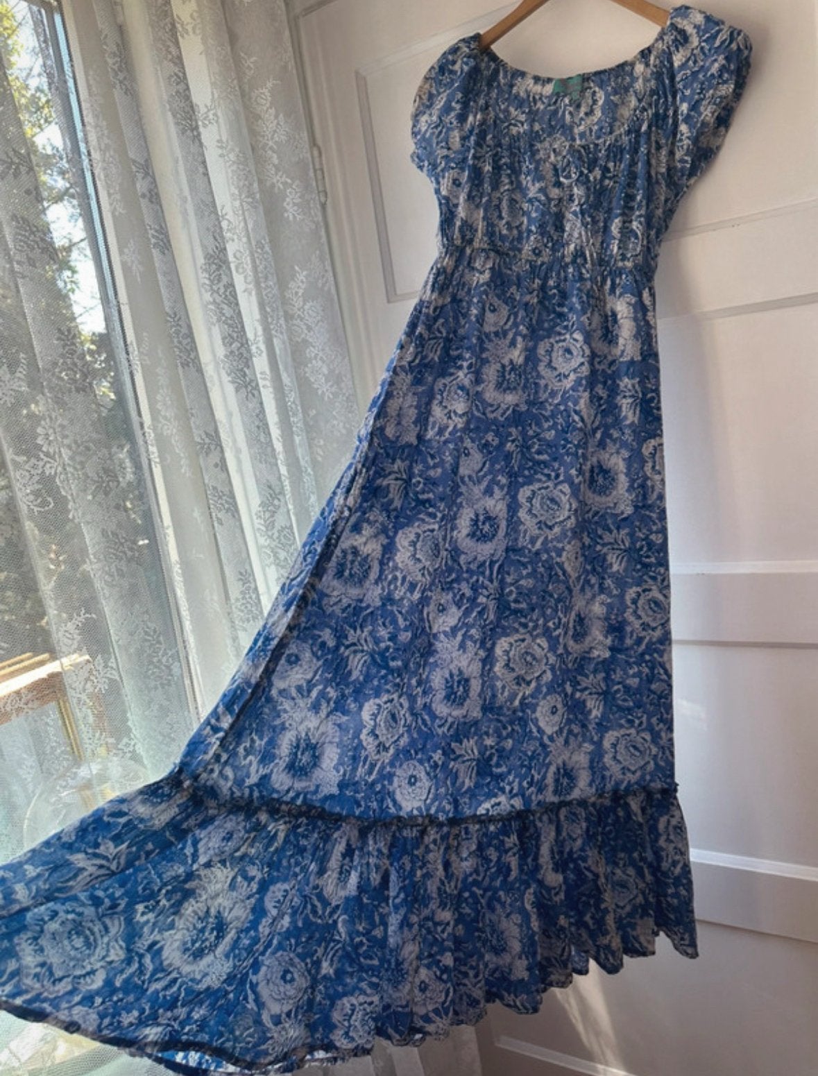Maxi lange blauw indiase blockprint jurk Aurobelle Ibiza, Ophalen of Verzenden, Zo goed als nieuw, Blauw, Onder de knie