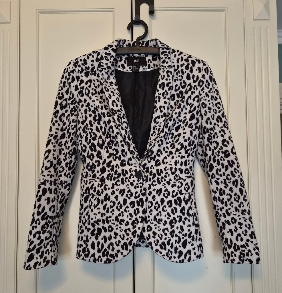 H&M blazer, wit, zwart, dierenprint, dames, maat 36, H&M, Wit, Ophalen of Verzenden, Zo goed als nieuw