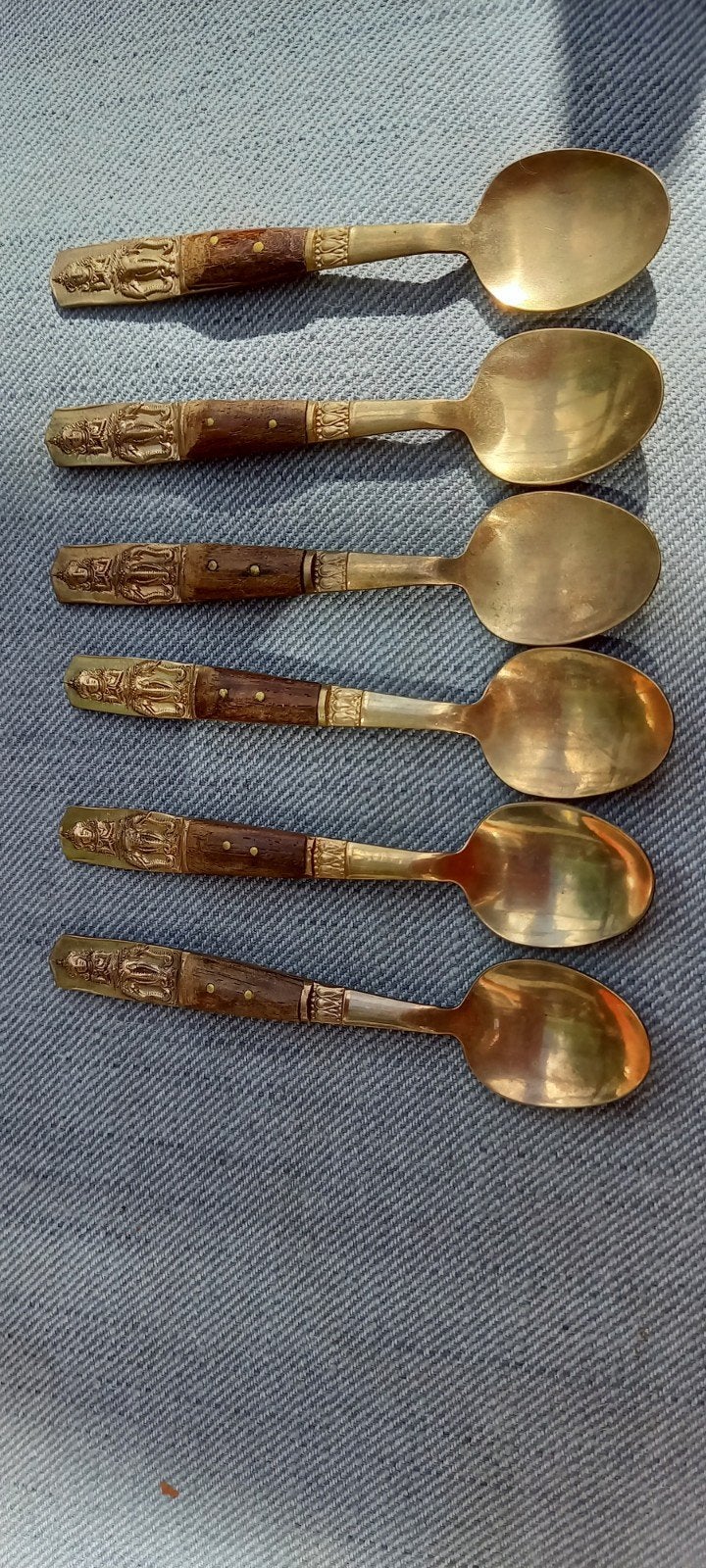 Set van 6 vintage Thaise lepeltjes met houten handvat, Ophalen of Verzenden