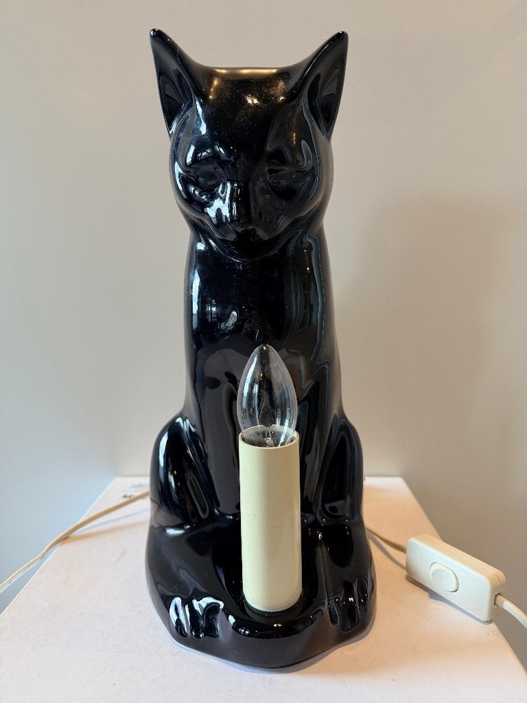Vintage keramische kattenlamp, zwart hoogglans, jaren '70, Scandinavisch, Overige merken, 32 cm, Keramiek
