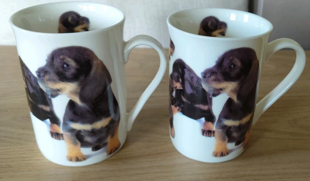 2 BEKERS MET TECKEL PUPPIES*KORTHAAR DASHOND, Verzenden, Overige typen, Zo goed als nieuw, Overige stijlen