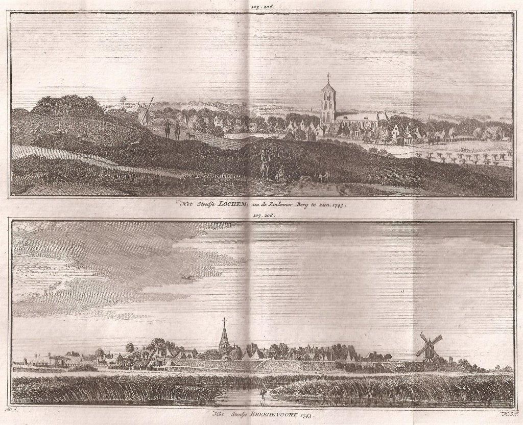 Steedje Lochem v.d. Lochemerberg 1743. / Steedje Breedevoort, Origineel, Stadsgezicht, Ophalen of Verzenden, Gravure