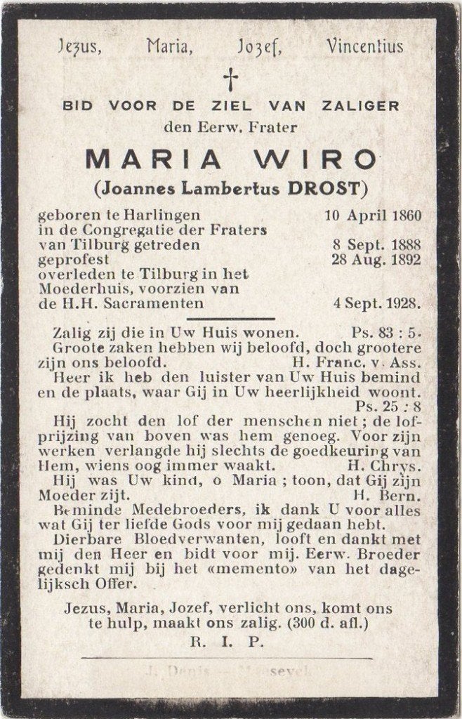 frater Joannes L. Drost 1860 Harlingen + 1928 Tilburg, 68 jr, Verzenden