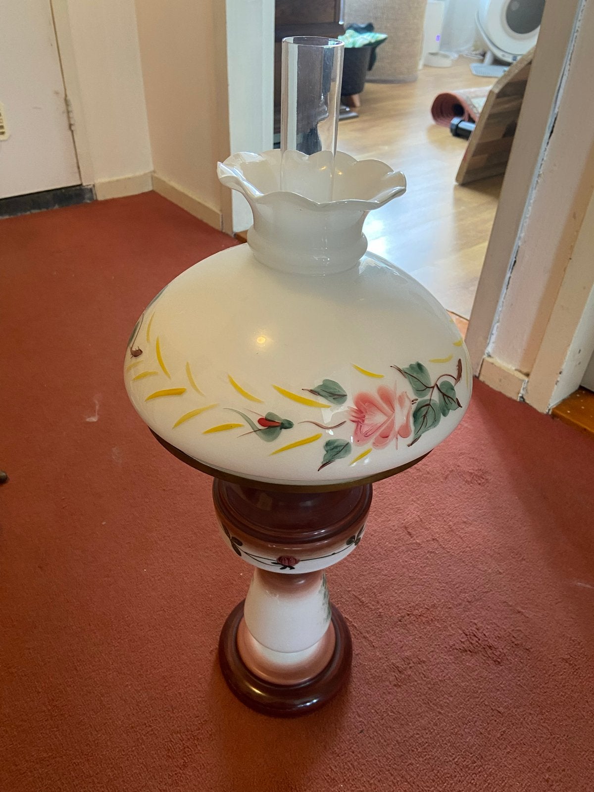 Antieke olielamp met handgeschilderde bloemen, Antiek en Kunst, Ophalen